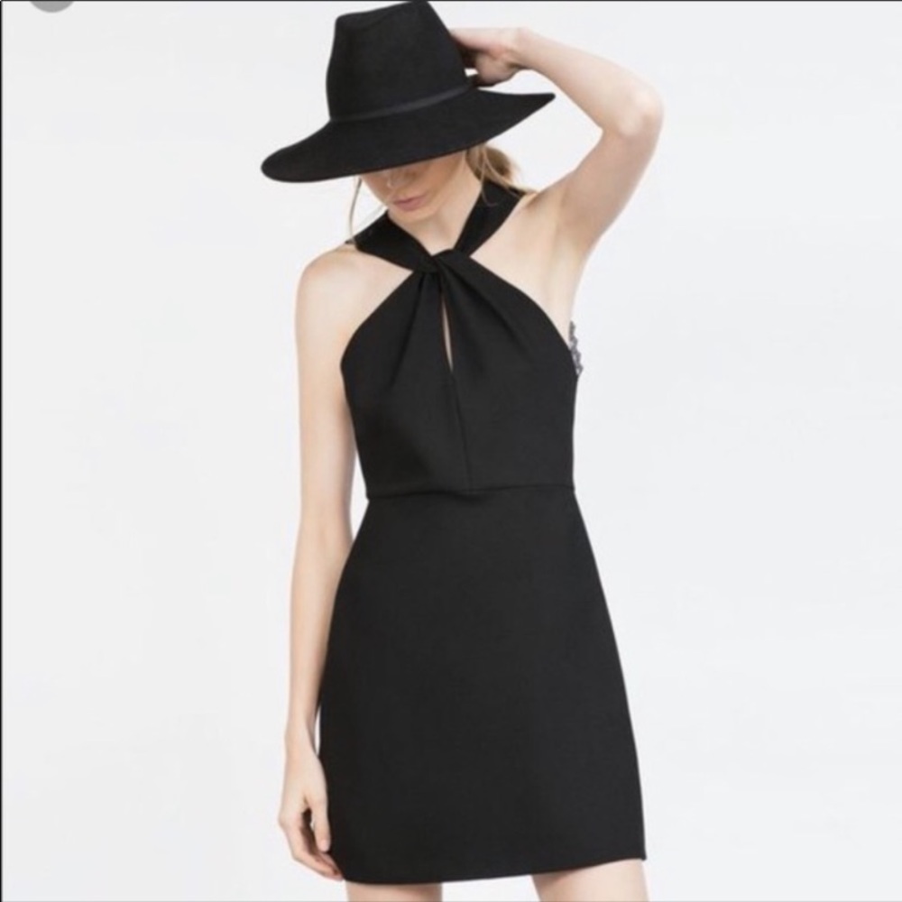 Zara black lace knotted halter dress